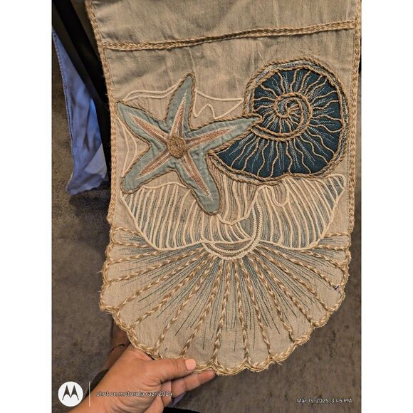 Pier One Table Runner 74” Coastal Embroidered Sea Shell Star Fish Neutral READ - Picture 6 of 12